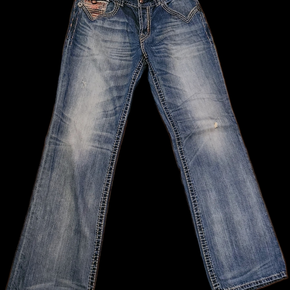 MEK Denim Bootcut Jeans — Medium Wash, Contrast Stitching, Y2K Western Vintage